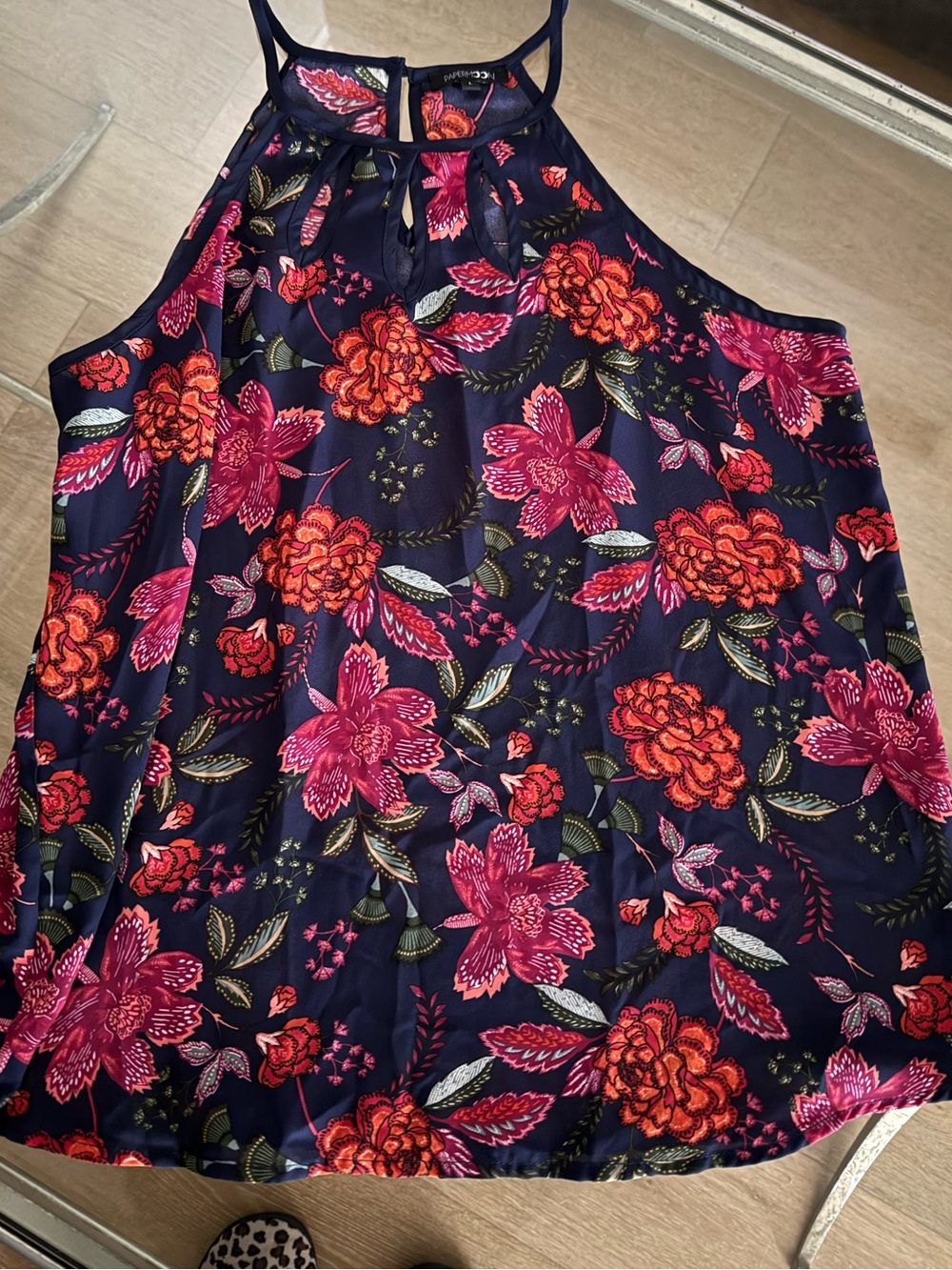 Papermoon Navy Floral Halter Tank Top with Pink & Orange Blooms